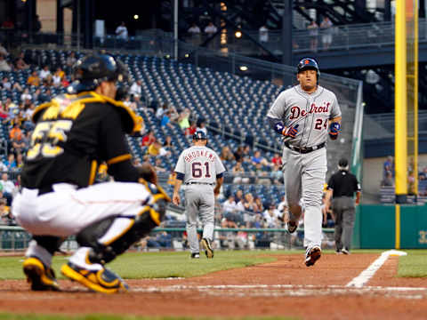 Miguel Cabrera rounds third after hitting a two-run home run in the fifth inning against the Pirates on May 29, 2013. (Photo by Justin K. Aller/Getty Images)