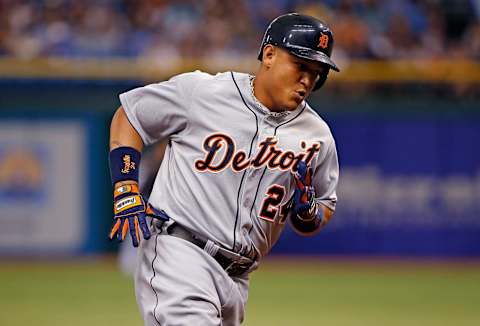 Miguel Cabrera rounds the bases after his first-inning two-run home against the Rays. (Photo by J. Meric/Getty Images)