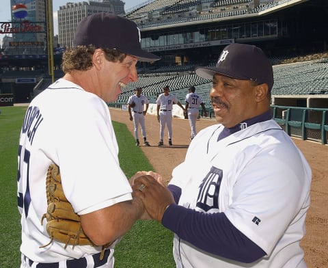 Mark Fidrych and Willie Horton talk during an Old-Timers Game at Comerica Park on September 21, 2002.(Photo by Mark Cunningham/MLB Photos via Getty Images)