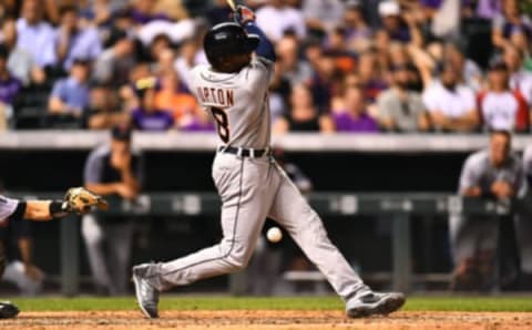 Aug 29, 2017; Denver, CO, USA; Detroit Tigers left fielder Justin Upton takes a foul ball off his right leg. Mandatory Credit: Ron Chenoy-USA TODAY Sports