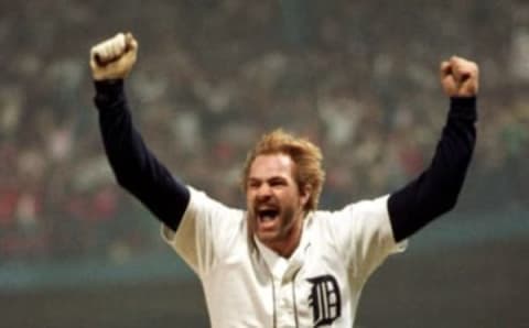 Tigers outfielder Kirk Gibson celebrates one of two home runs in Game 5 of the World Series against the Padres on Oct. 14, 1984 in Detroit.Kirk Gibson home run