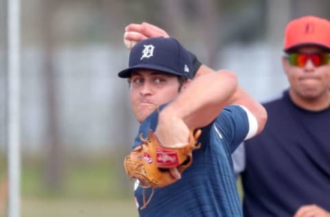 Tigers prospect Jason Foley throws batting practice at Joker Marchant Stadium in Lakeland, Fla.