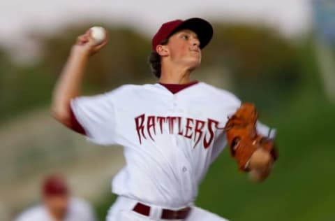 Wisconsin pitcher Reese Olson (16) delivers a pitch during the MiLB game between the Clinton LumberKings and Wisconsin Timber Rattlers on July 30, 2019 at Neuroscience Group Field at Fox Cities Stadium in Grand Chute, Wis. Wisconsin lost 8-3.Apc Timberrattlers 0730 1