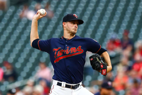 Sep 18, 2019; Minneapolis, MN, USA; Minnesota Twins starting pitcher Jake Odorizzi (12) delivers a pitch in the first inning against the Chicago White Sox at Target Field. Mandatory Credit: David Berding-USA TODAY Sports