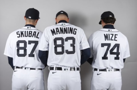 Detroit Tigers pitchers Tarik Skubal, Matt Manning, and Casey Mize pose during spring training. Reinhold Matay-USA TODAY Sports