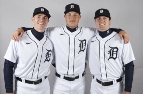 Feb 22, 2020; Lakeland, Florida, USA; Detroit Tigers rookie pitchers Tarik Skubal (left) and Matt Manning (middle) and Casey Mize (right) pose together for a photo on media day at Publix Field at Joker Marchant Stadium. Mandatory Credit: Reinhold Matay-USA TODAY Sports