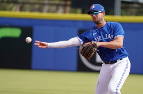 Mar 2, 2020; Dunedin, Florida, USA; Toronto Blue Jays infielder Kevin Smith (78) throws to first for an out against the Pittsburgh Pirates during the sixth inning at TD Ballpark. Mandatory Credit: John David Mercer-USA TODAY Sports