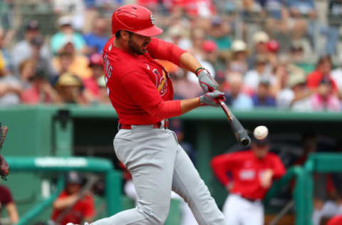 Cardinals shortstop Paul DeJong singles during the first inning against the Boston Red Sox. Kim Klement-USA TODAY Sports