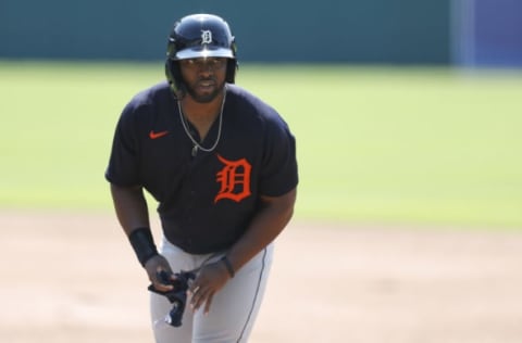 Jul 9, 2020; Detroit Tigers left fielder Christin Stewart stands on first base: Raj Mehta-USA TODAY Sports