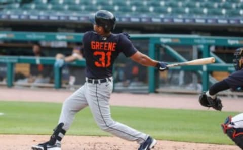 Detroit Tigers outfielder Riley Greene bats during an intrasquad game.