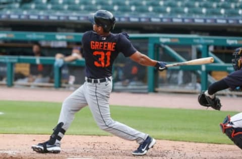 Detroit Tigers outfielder Riley Greene bats during an intrasquad game.