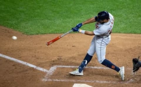 Sep 22, 2020; Detroit Tigers shortstop Willi Castro hits an RBI single. Jesse Johnson-USA TODAY Sports