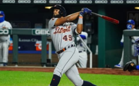 Sep 24, 2020; Kansas City, Missouri, USA; Detroit Tigers shortstop Willi Castro (49) hits a home run. Mandatory Credit: Jay Biggerstaff-USA TODAY Sports