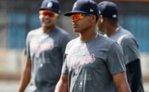 Infielder Wenceel Perez warms up for practice during Detroit Tigers spring training.