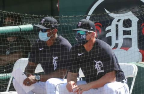 Detroit Tigers bench coach George Lombard and manager A.J. Hinch.