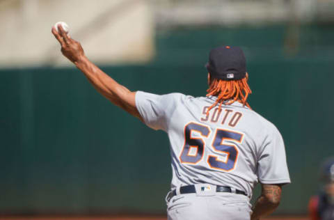 Apr 18, 2021; Oakland, California, USA; Detroit Tigers closer Gregory Soto warms up in the bullpen during the eighth inning against the Oakland Athletics: Stan Szeto-USA TODAY Sports