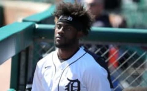 Tigers outfielder Akil Baddoo looks on from the dugout during the 4-0 loss to the Royals on Sunday, April 25, 2021, at Comerica Park.Tigers Kc3