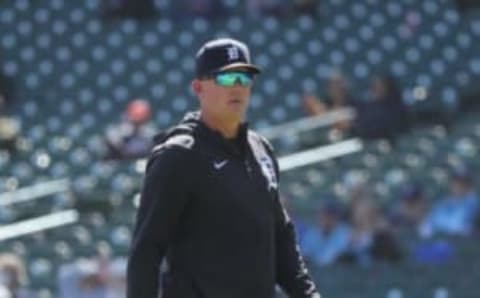 Tigers manager AJ Hinch makes a pitching change during the 4-0 loss to the Royals on Sunday, April 25, 2021, at Comerica Park.Tigers Kc3