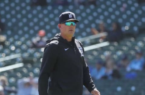 Tigers manager AJ Hinch makes a pitching change during the 4-0 loss to the Royals on Sunday, April 25, 2021, at Comerica Park.Tigers Kc3