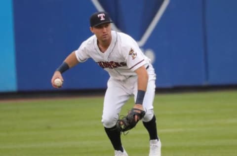 Toledo Mud Hens infielder Kody Clemens fields a ground ball.