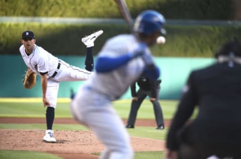 May 11, 2021; Detroit, Michigan, USA; Detroit Tigers starting pitcher Matthew Boyd (48) pitches the ball as Kansas City Royals center fielder Michael A. Taylor (2) bats during the game at Comerica Park. Mandatory Credit: Tim Fuller-USA TODAY Sports