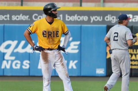 Erie SeaWolves baserunner Riley Greene stole second base in the first inning against the Somerset Patriots on June 9, 2021.