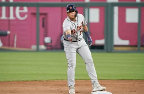 Jun 15, 2021; Kansas City, Missouri, USA; Detroit Tigers designated hitter Miguel Cabrera (24) celebrates toward the dugout after hitting a double in the sixth inning against the Kansas City Royals at Kauffman Stadium. Mandatory Credit: Denny Medley-USA TODAY Sports