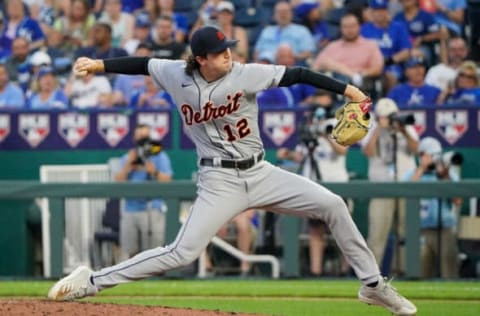 Jun 15, 2021; Kansas City, Missouri, USA; Detroit Tigers starting pitcher Casey Mize (12) delivers a pitch in the fifth inning against the Kansas City Royals at Kauffman Stadium. Mandatory Credit: Denny Medley-USA TODAY Sports