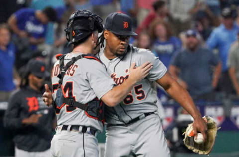 Jun 15, 2021; Kansas City, Missouri, USA; Detroit Tigers starting pitcher Gregory Soto (65) celebrates with catcher Jake Rogers (34) after the win over the Kansas City Royals at Kauffman Stadium. Mandatory Credit: Denny Medley-USA TODAY Sports