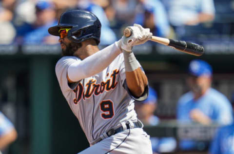 Jun 16, 2021; Kansas City, Missouri, USA; Detroit Tigers second baseman Willi Castro (9) hits a single against the Kansas City Royals during the eighth inning at Kauffman Stadium. Mandatory Credit: Jay Biggerstaff-USA TODAY Sports