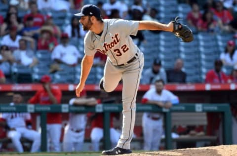 Jun 20, 2021; Anaheim, California, USA; Detroit Tigers starting pitcher Michael Fulmer (32) throws against the Los Angeles Angels during the tenth inning at Angel Stadium. Mandatory Credit: Richard Mackson-USA TODAY Sports