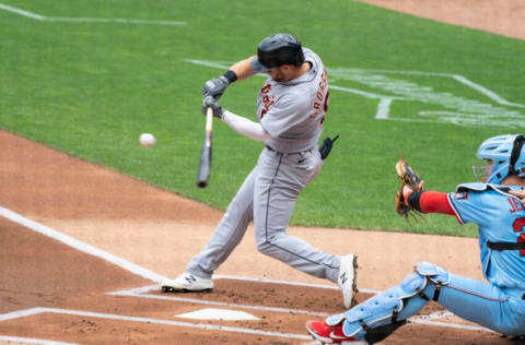 Jul: Detroit Tigers right fielder Robbie Grossman hits a single. Jordan Johnson-USA TODAY Sports