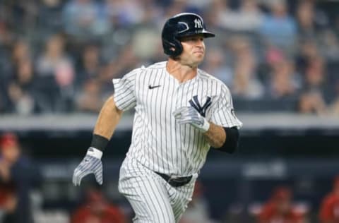 New York Yankees left fielder Brett Gardner hits a solo home run. Vincent Carchietta-USA TODAY Sports