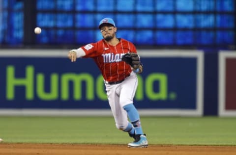 Marlins shortstop Miguel Rojas throws to first base. Sam Navarro-USA TODAY Sports