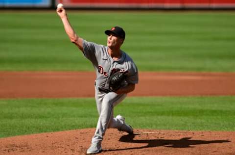 Aug 12, 2021; Baltimore, Maryland, USA; Detroit Tigers starting pitcher Tarik Skubal (29) delivers a first-inning pitch against the Baltimore Orioles at Oriole Park at Camden Yards. Mandatory Credit: Tommy Gilligan-USA TODAY Sports