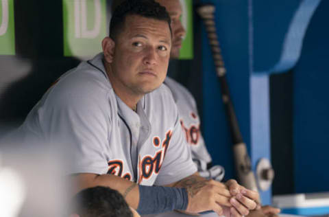 Miguel Cabrera sits in the dugout. Nick Turchiaro-USA TODAY Sports