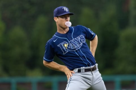 Infielder Joey Wendle warms up before action against the Philadelphia Phillies. Bill Streicher-USA TODAY Sports