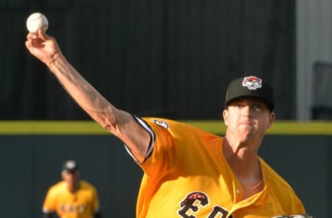 Erie SeaWolves starting pitcher Garrett Hill throws against the Harrisburg Senators.