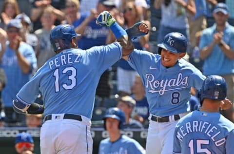 Salvador Perez celebrates with shortstop Nicky Lopez. Peter Aiken-USA TODAY Sports