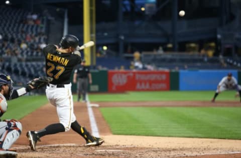 Pirates shortstop Kevin Newman singles against the Detroit Tigers. Charles LeClaire-USA TODAY Sports