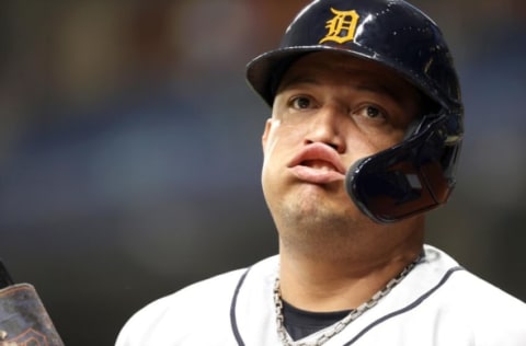 Miguel Cabrera reacts while on deck at Tropicana Field. Kim Klement-USA TODAY Sports