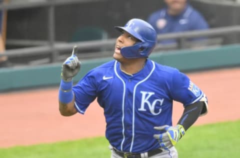 Sep 20, 2021; Cleveland, Ohio, USA; Kansas City Royals catcher Salvador Perez (13) celebrates his two-run home run in the fifth inning against the Cleveland Indians at Progressive Field. Mandatory Credit: David Richard-USA TODAY Sports