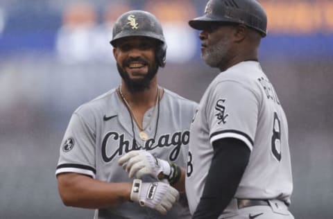 Sep 21, 2021; Detroit, Michigan, USA; Chicago White Sox first baseman Jose Abreu (79) smiles at his dugout after hitting a single during the third inning against the Detroit Tigers at Comerica Park. Mandatory Credit: Raj Mehta-USA TODAY Sports