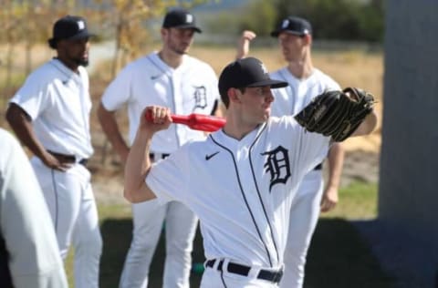 Tigers pitching prospect Tanner Kohlhepp goes through drills during the first day of minicamp on Wednesday, Feb. 16, 2022, in Lakeland, Florida.