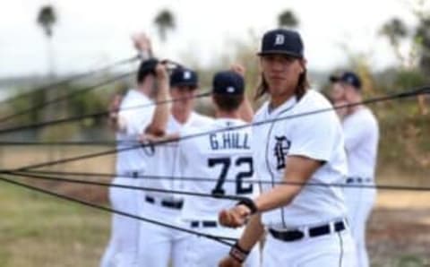 Tigers pitching prospect Wilmer Flores goes through drills during spring training minor league minicamp on Friday, Feb.18, 2022 at Tiger Town in Lakeland, Florida.