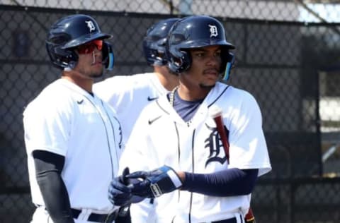 Tigers prospects Christian Santana, Manuel Sequera and Roberto Campos wait to take batting practice.