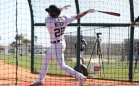 Tigers infield prospect Colt Keith takes batting practice.