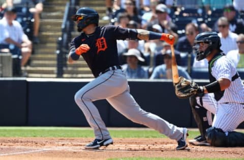 Mar 20, 2022; Tampa, Florida, USA; Detroit Tigers designated hitter Javier Baez (28) hits a 2-RBI double during the first inning against the New York Yankees during spring training at George M. Steinbrenner Field. Mandatory Credit: Kim Klement-USA TODAY Sports