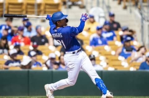 Mar 23, 2022; Phoenix, Arizona, USA; Los Angeles Dodgers first baseman Miguel Vargas hits a second inning home run against the Cleveland Guardians during a spring training game at Camelback Ranch-Glendale. Mandatory Credit: Mark J. Rebilas-USA TODAY Sports