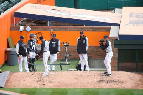 Detroit Tigers pitchers work in the bullpen April 7th, 2022, at Comerica Park during their last practice before the season opener April 8th against the White Sox. (Detroit Free Press)